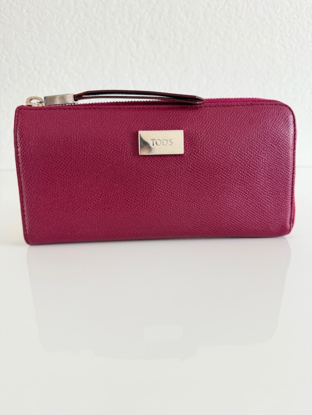 Tod's Plum Zip-Around Leather Wallet with Silver Hardware